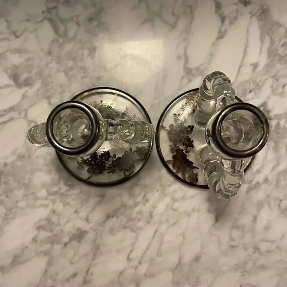 Pair of Circle Silver Overlay Floral Candesticks